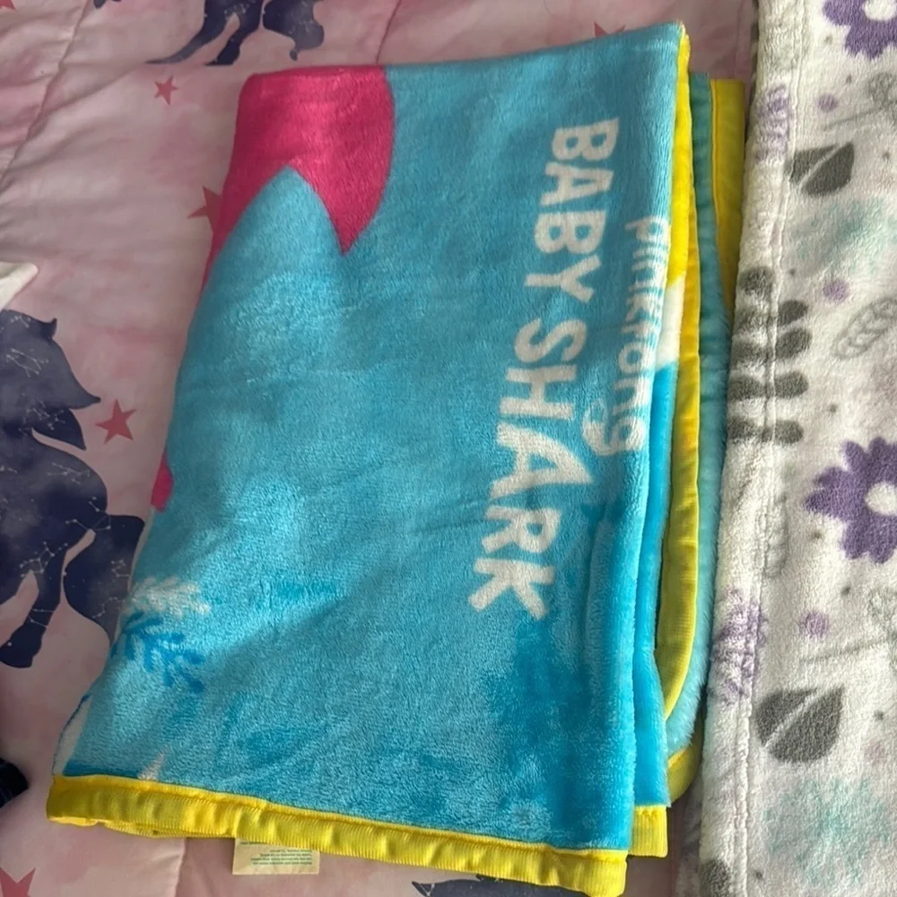 2 Baby Shark and Floral Patterned baby Blankets